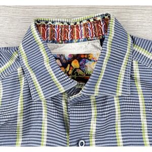 Robert Graham Shirt Mens L Blue Green Striped Classic Button Flip Cuff Geometric